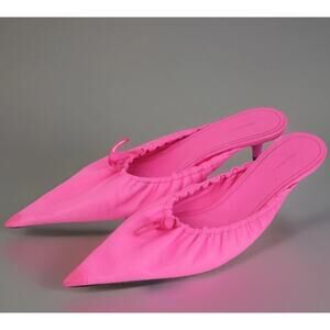 Balenciaga Pink Leather Scrunch Knife Pointed Toe Logo Mules Slip On Size 38.5